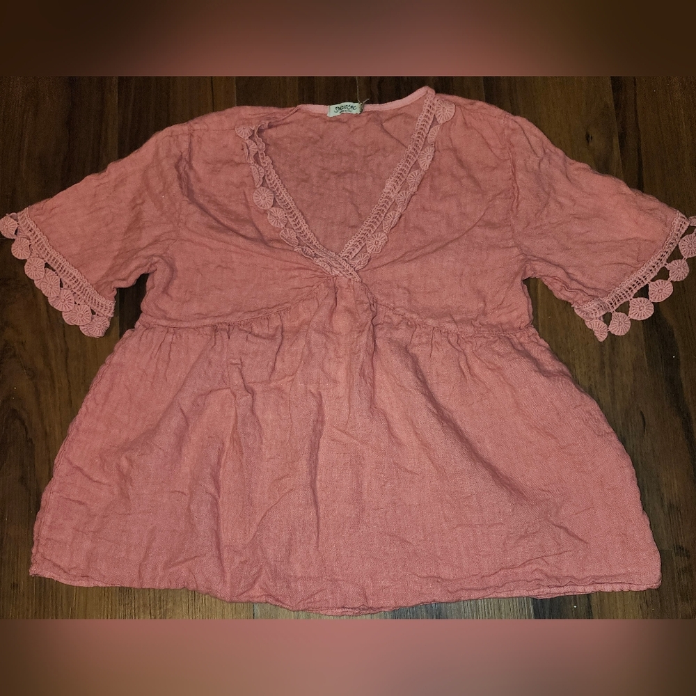 Womens Sz Lg Spazio Chic 100% Linen Coral V-Neck Blouse w Flower Embroidery